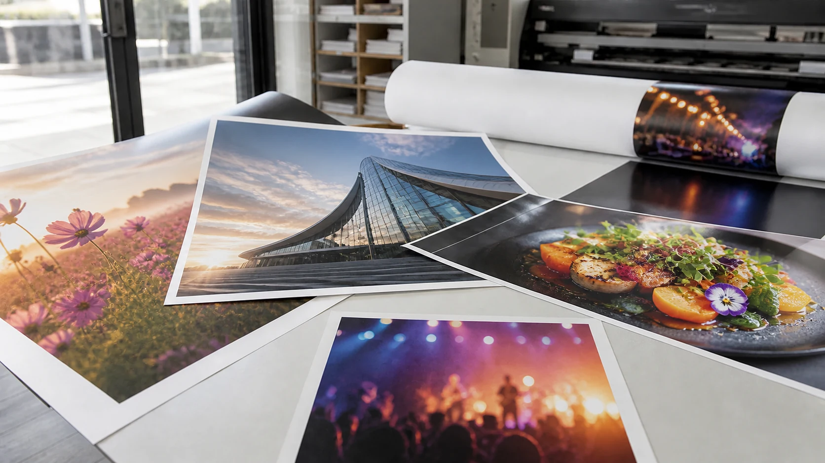 Carteles impresos con fotografías de naturaleza, arquitectura, gastronomía y eventos